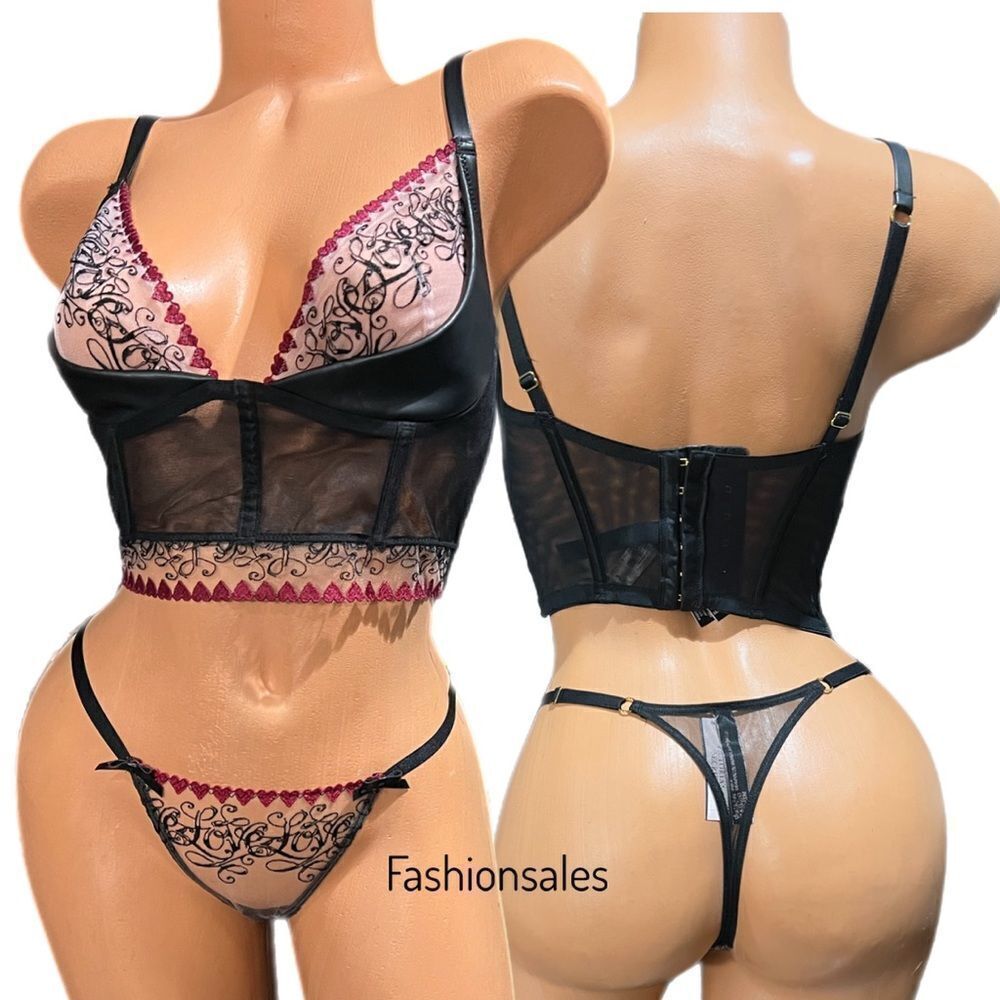 Victorias Secret Very Sexy Set Heart Embroid Mesh faux leather corset bra thong